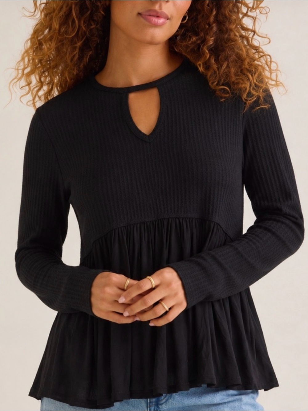 Women's Black Long-Sleeve Peplum Top with Keyhole Neckline